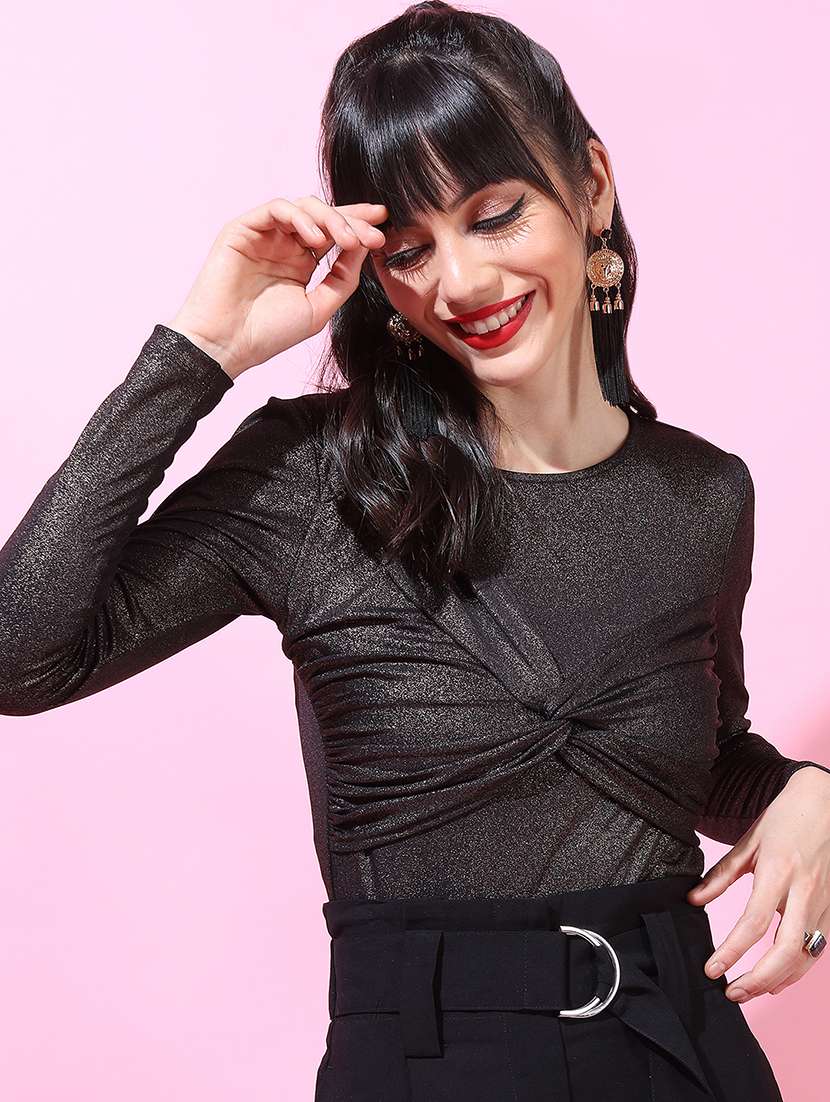 women solid black polyester regular top