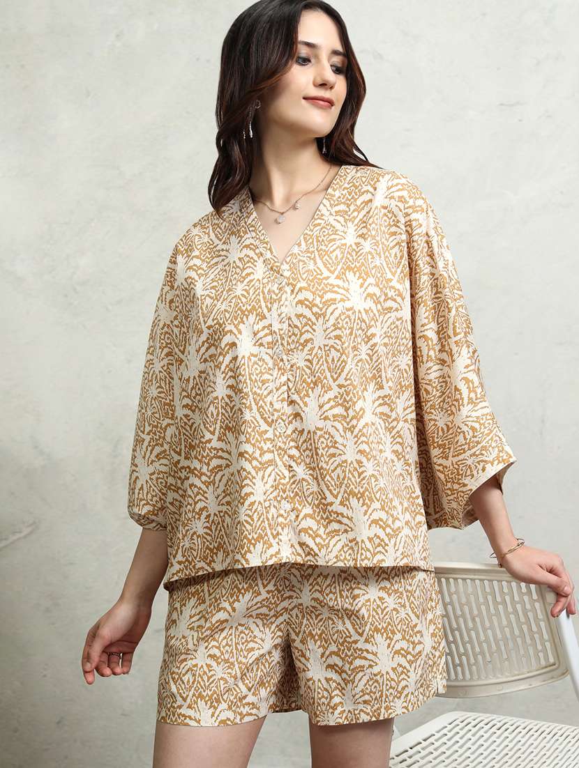 women printed brown cotton regular top