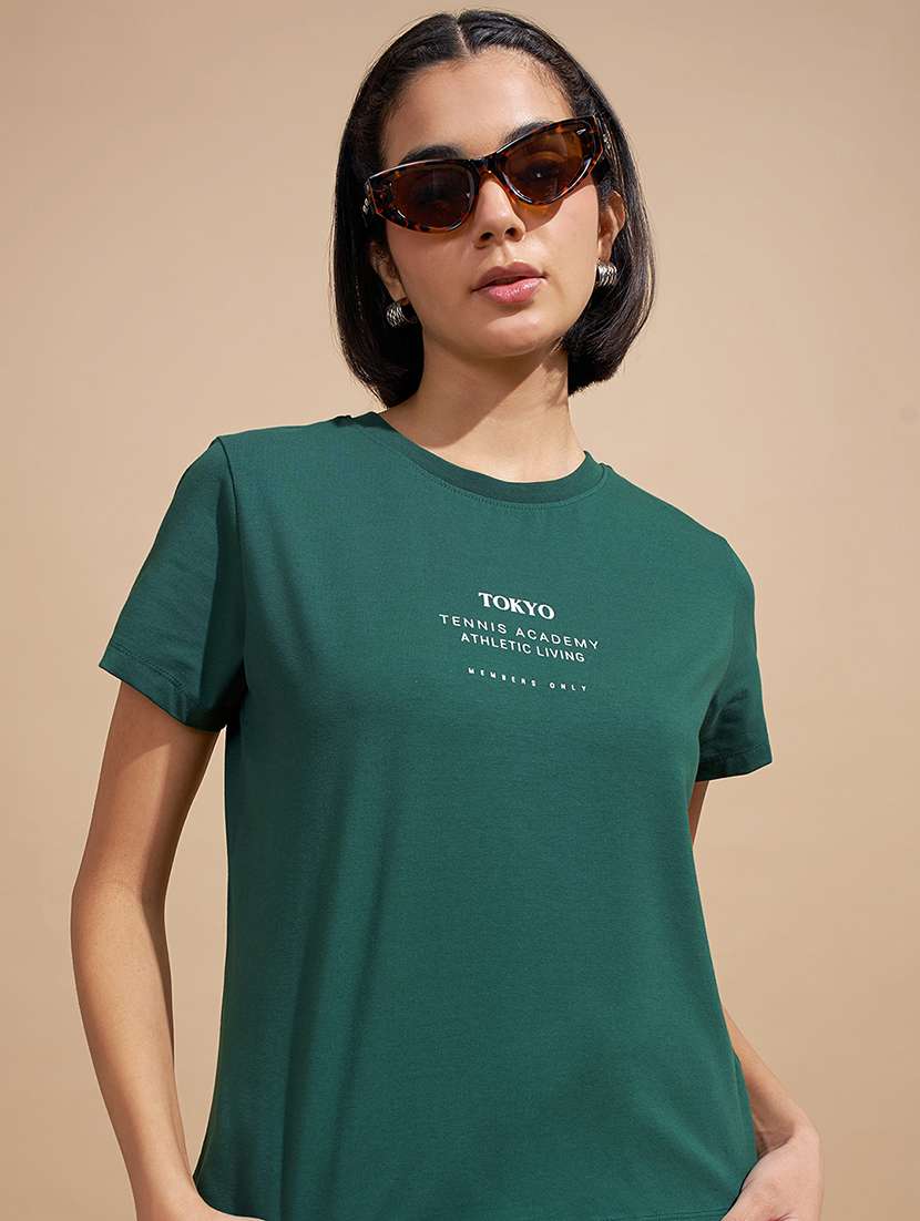 women printed green cotton regular t-shirt