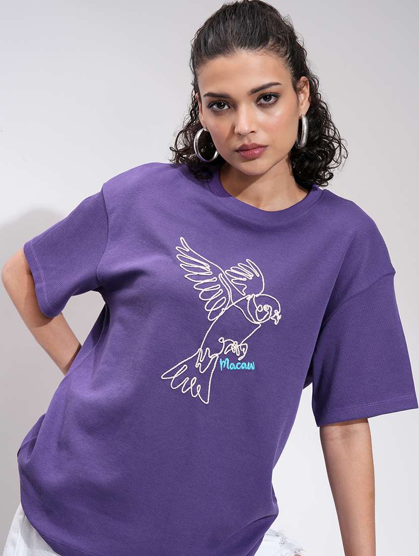 women printed  purple cotton regular t-shirt