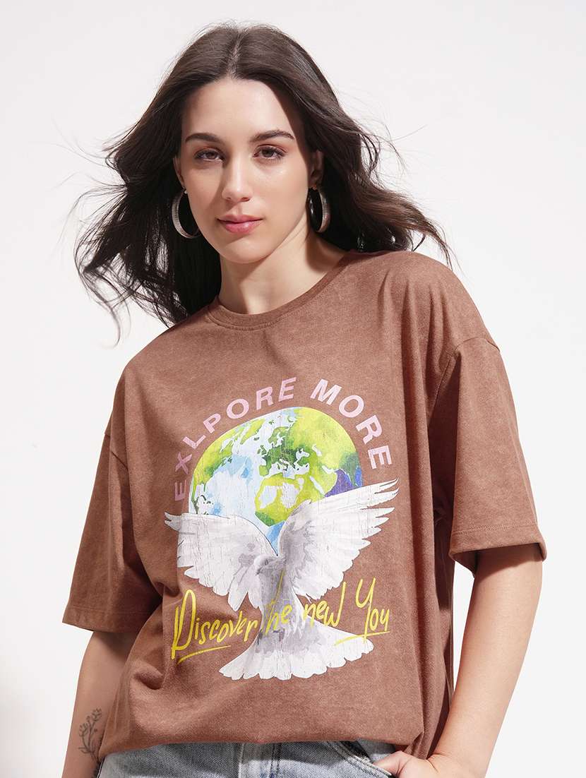 women printed brown cotton regular t-shirt