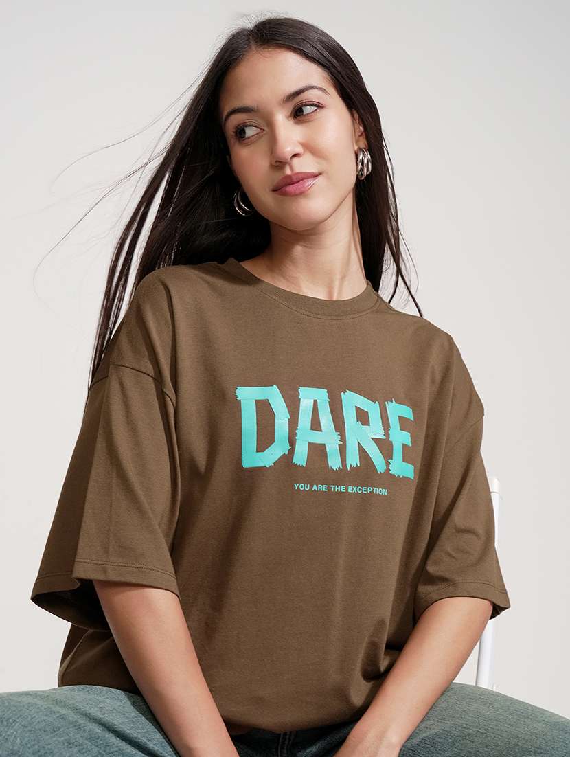 women printed brown cotton regular t-shirt