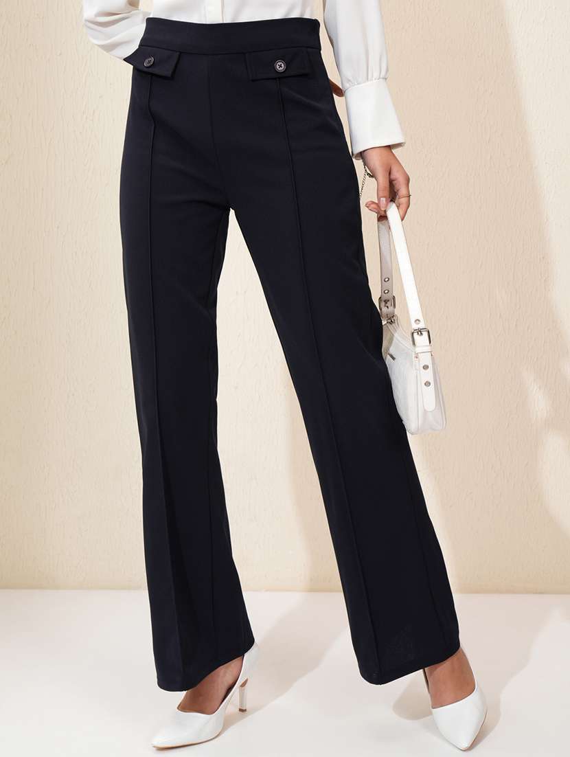 women blue polyester chinos trouser