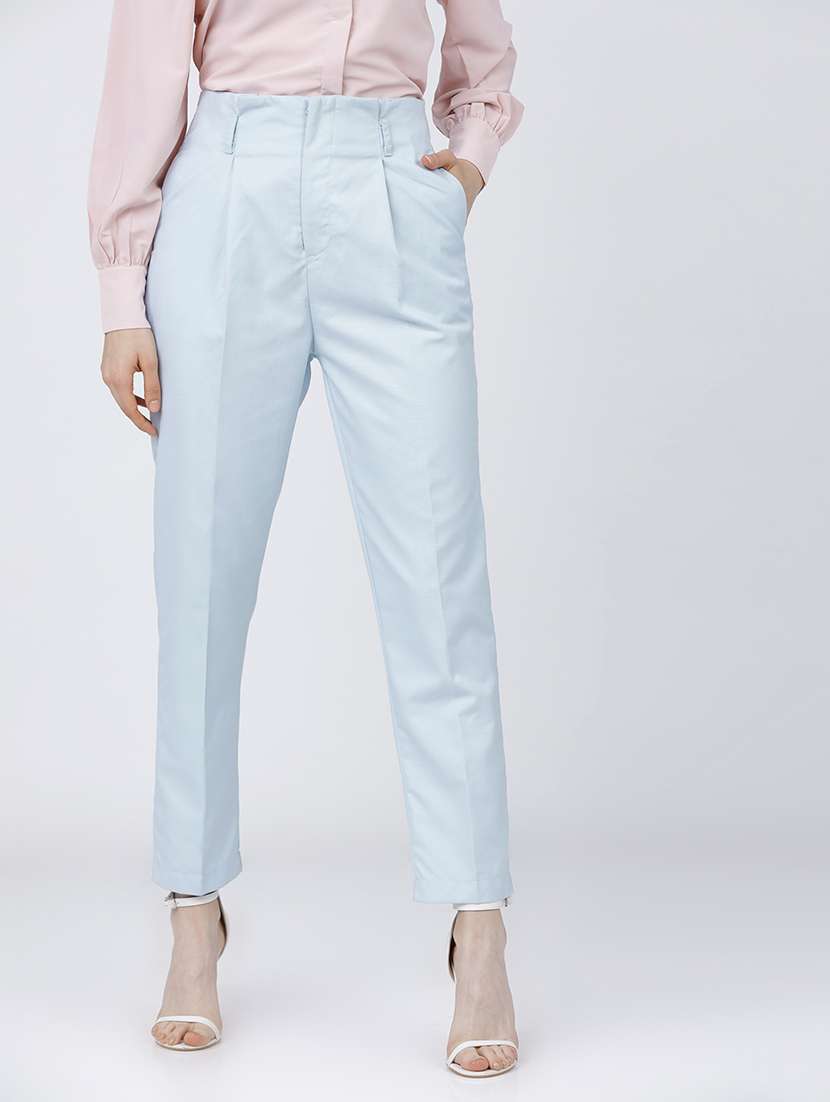 women blue polyester chinos trouser