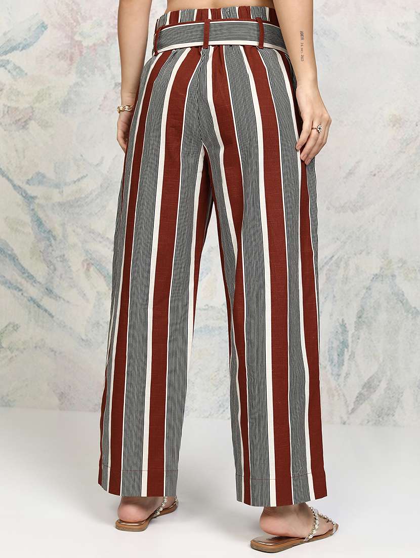 women rust striped cotton relaxed fit trousers - 22471223 -  Standard Image - 4