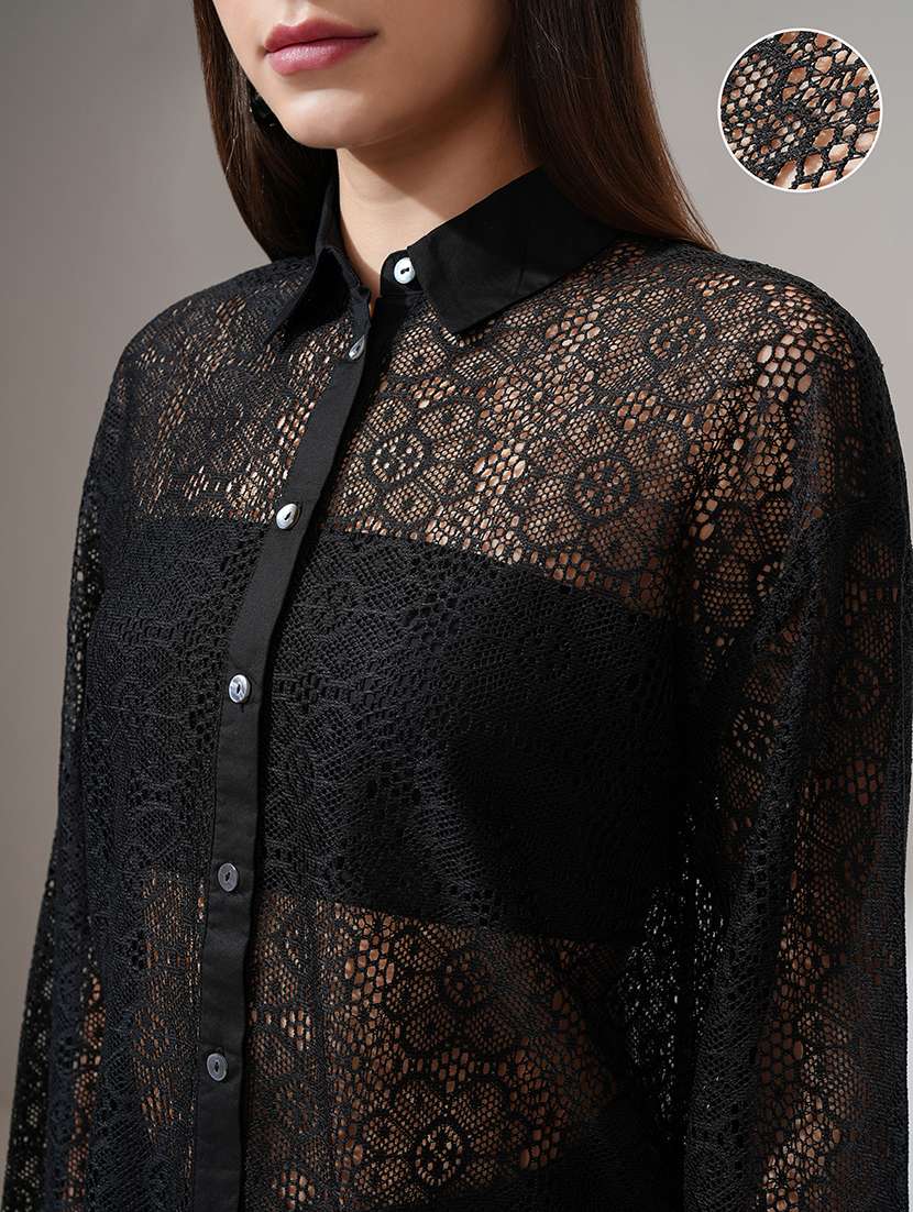 women self design black polyester regular shirt - 22471243 -  Standard Image - 1