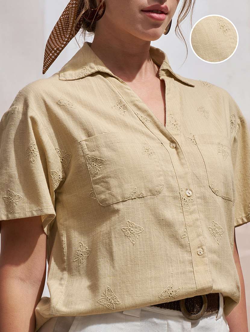 women solid beige cotton regular shirt - 22471245 -  Standard Image - 1