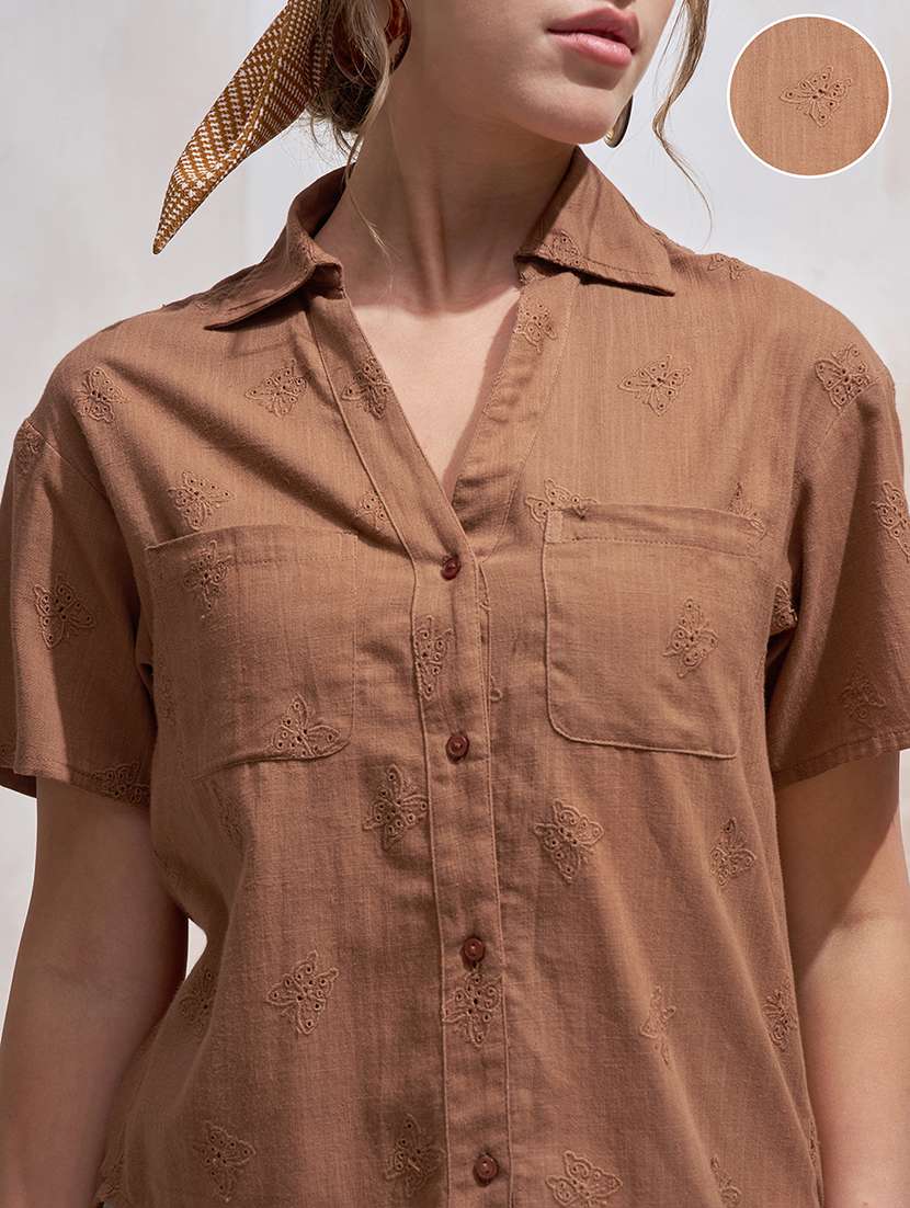 women solid brown cotton regular shirt - 22471246 -  Standard Image - 1