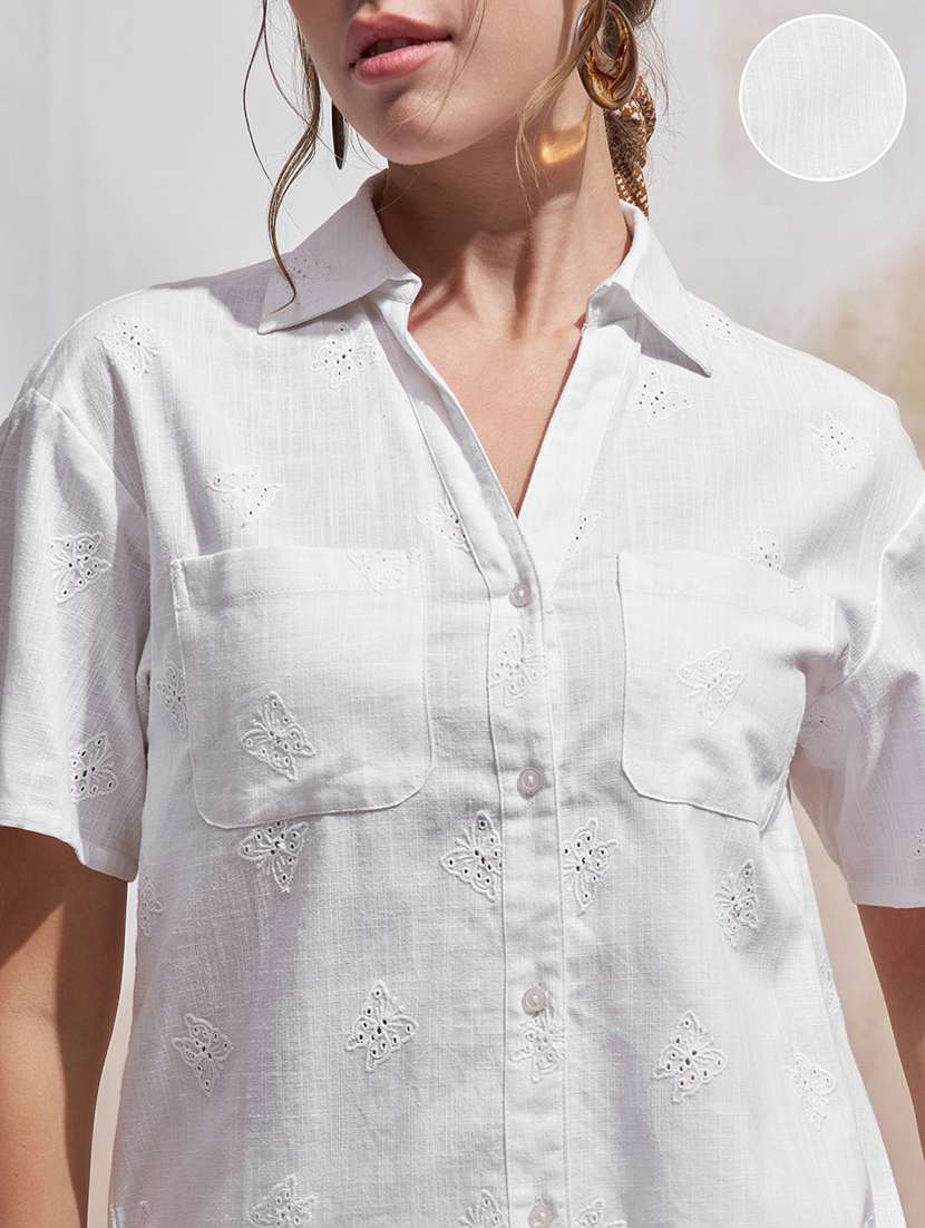Women Solid Collared Short Sleeve Shirt - 22471247 -  Standard Image - 1
