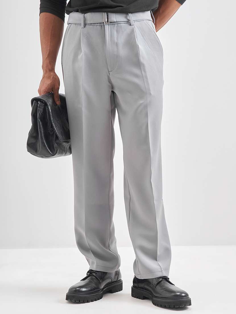 men grey polyester chinos casual trouser