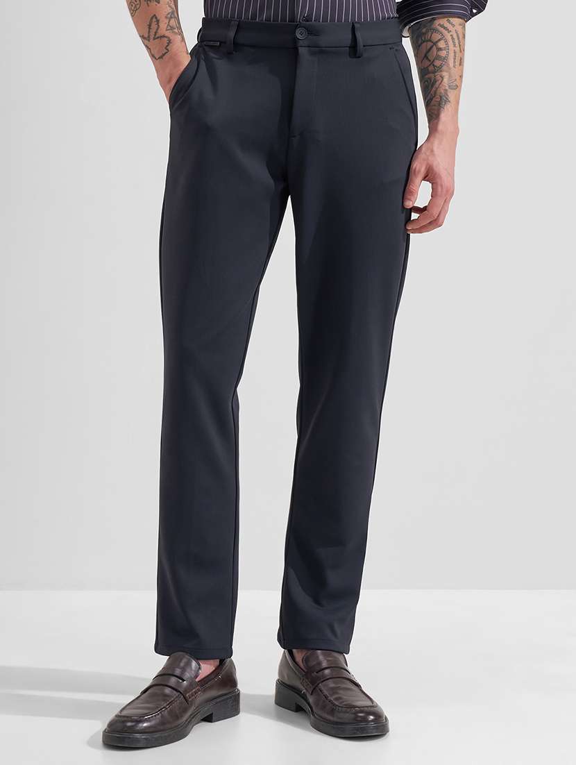 men navy blue nylon chinos casual trouser
