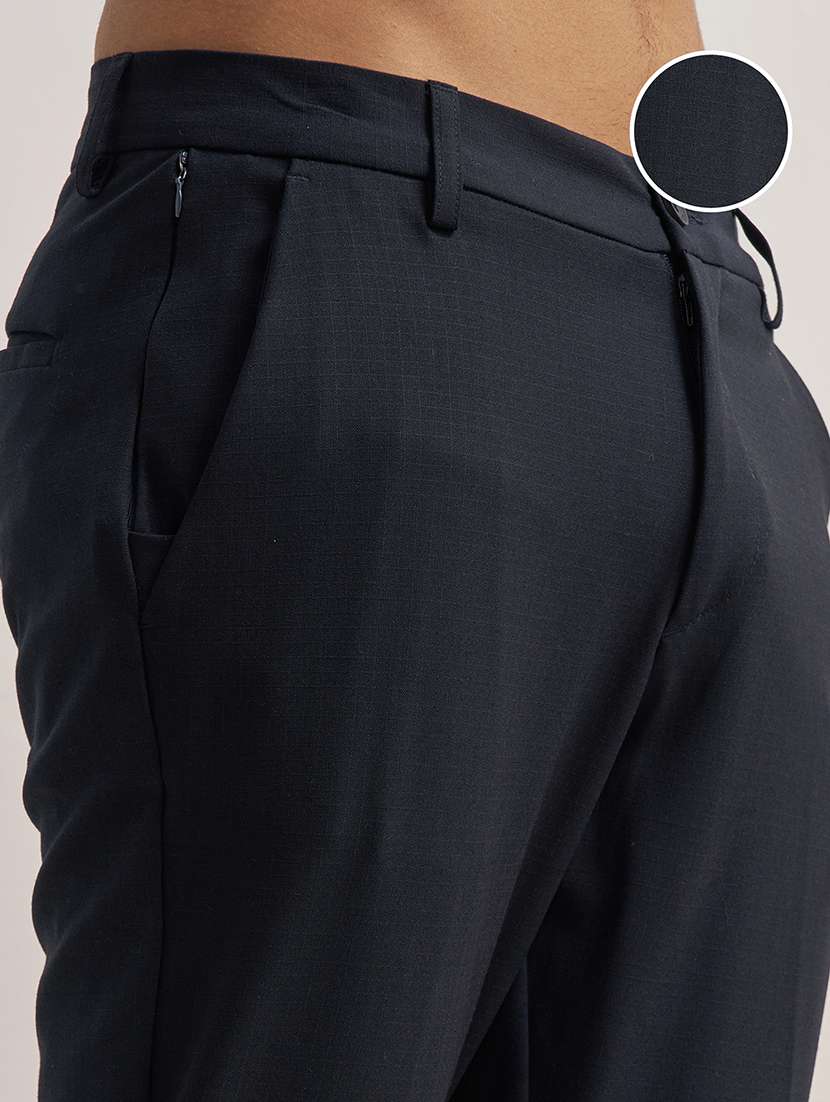 men solid  navy blue polyester chinos casual trouser - 22471332 -  Standard Image - 1