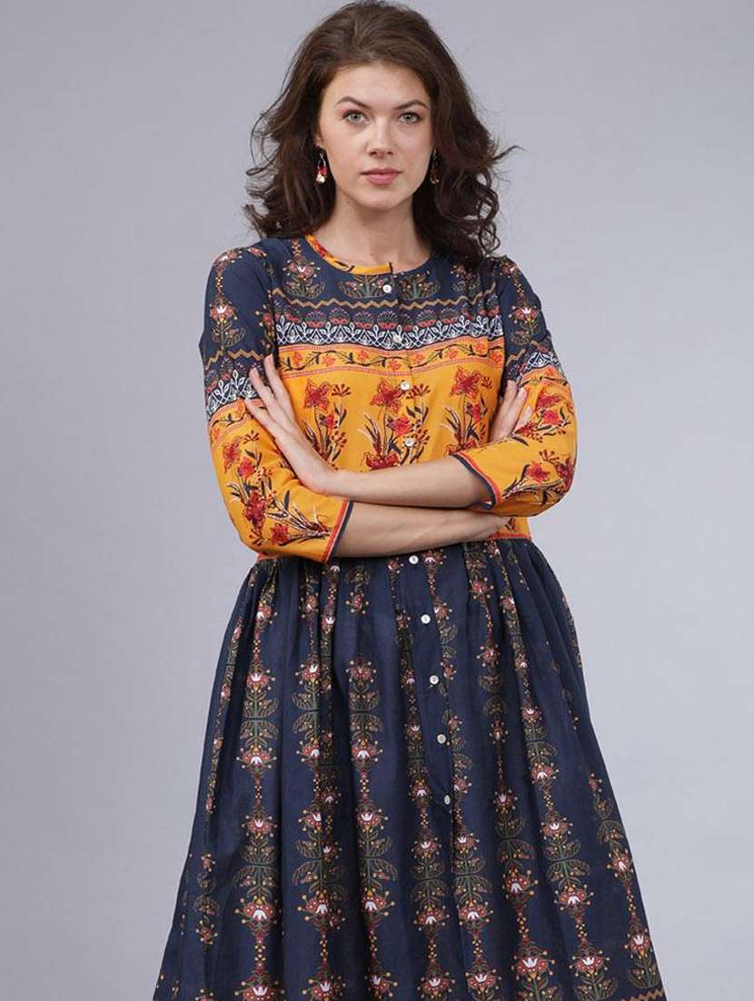 women navy blue cotton a-line kurta - 22471400 -  Standard Image - 1