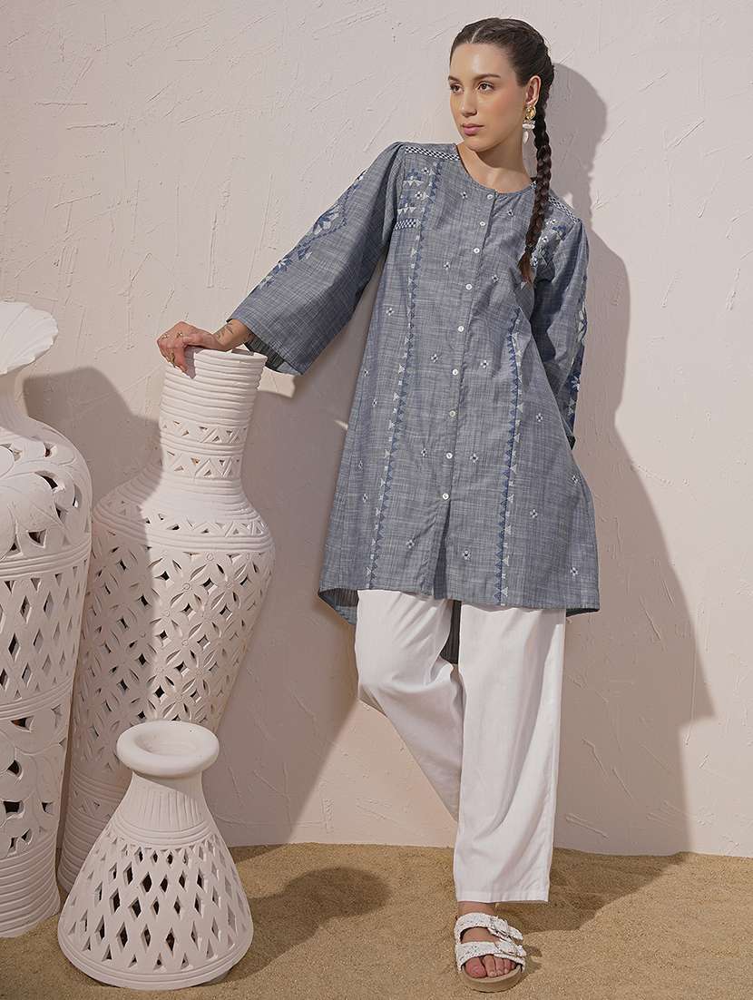 women blue cotton a-line kurta