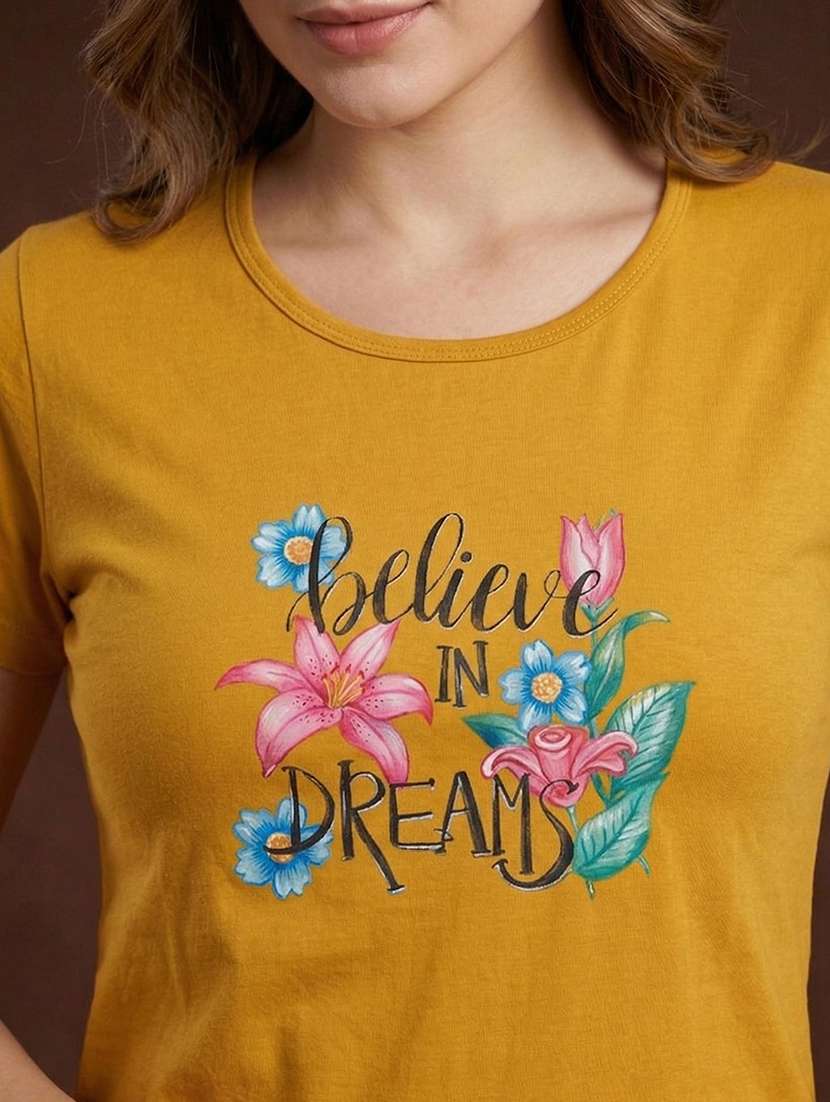 women printed  gold cotton blend regular t-shirt - 22471523 -  Standard Image - 1