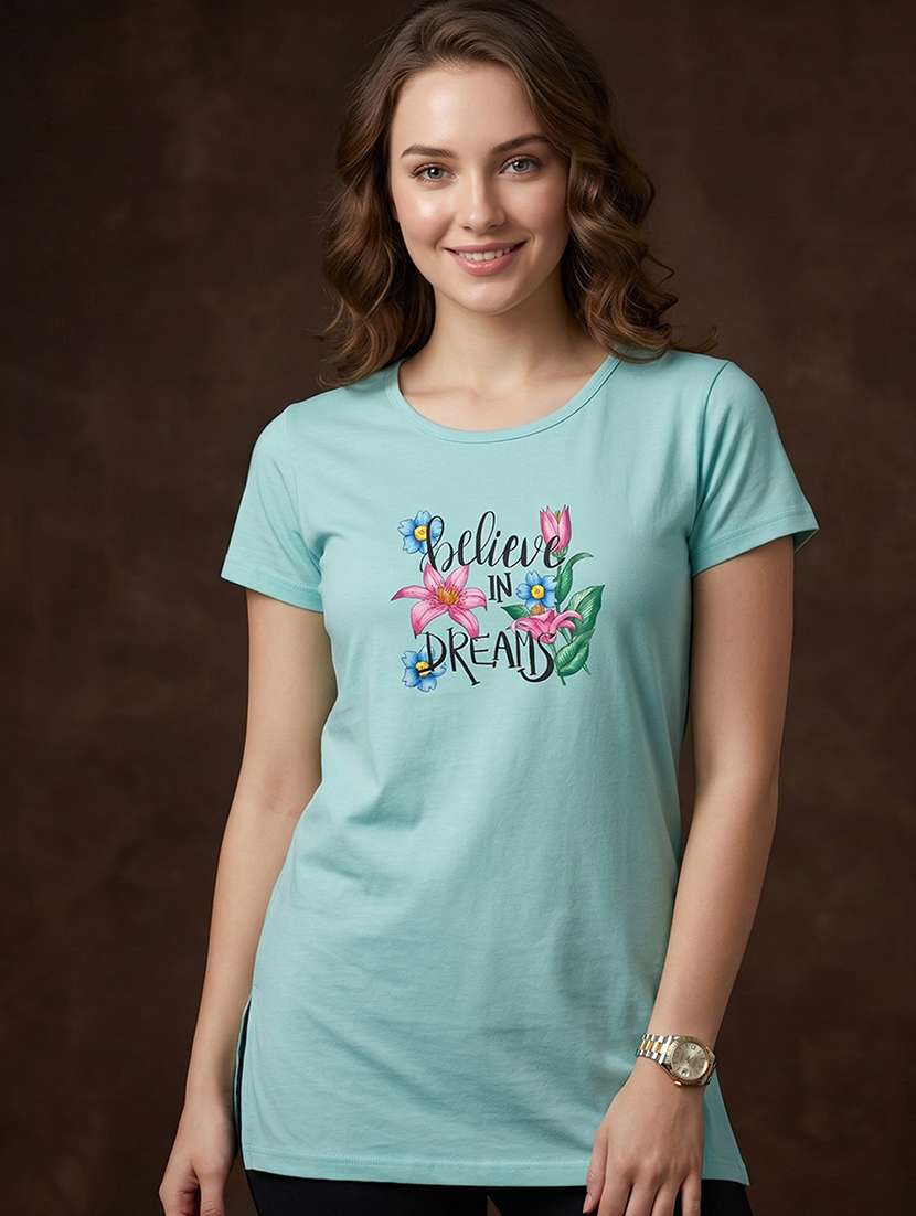 women printed  blue cotton blend regular t-shirt