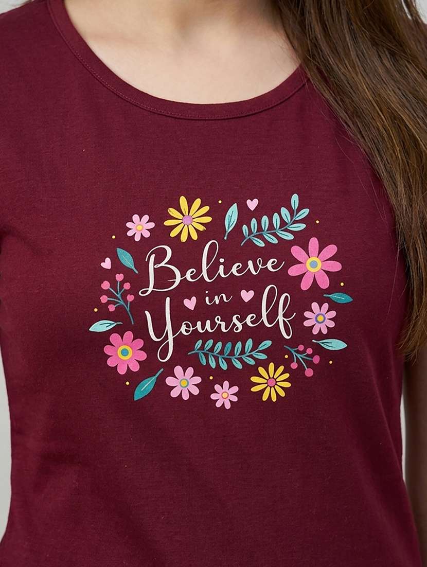 women printed  maroon cotton blend regular t-shirt - 22471528 -  Standard Image - 1
