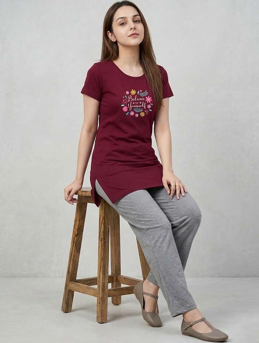 women printed  maroon cotton blend regular t-shirt - 22471528 -  Standard Image - 4