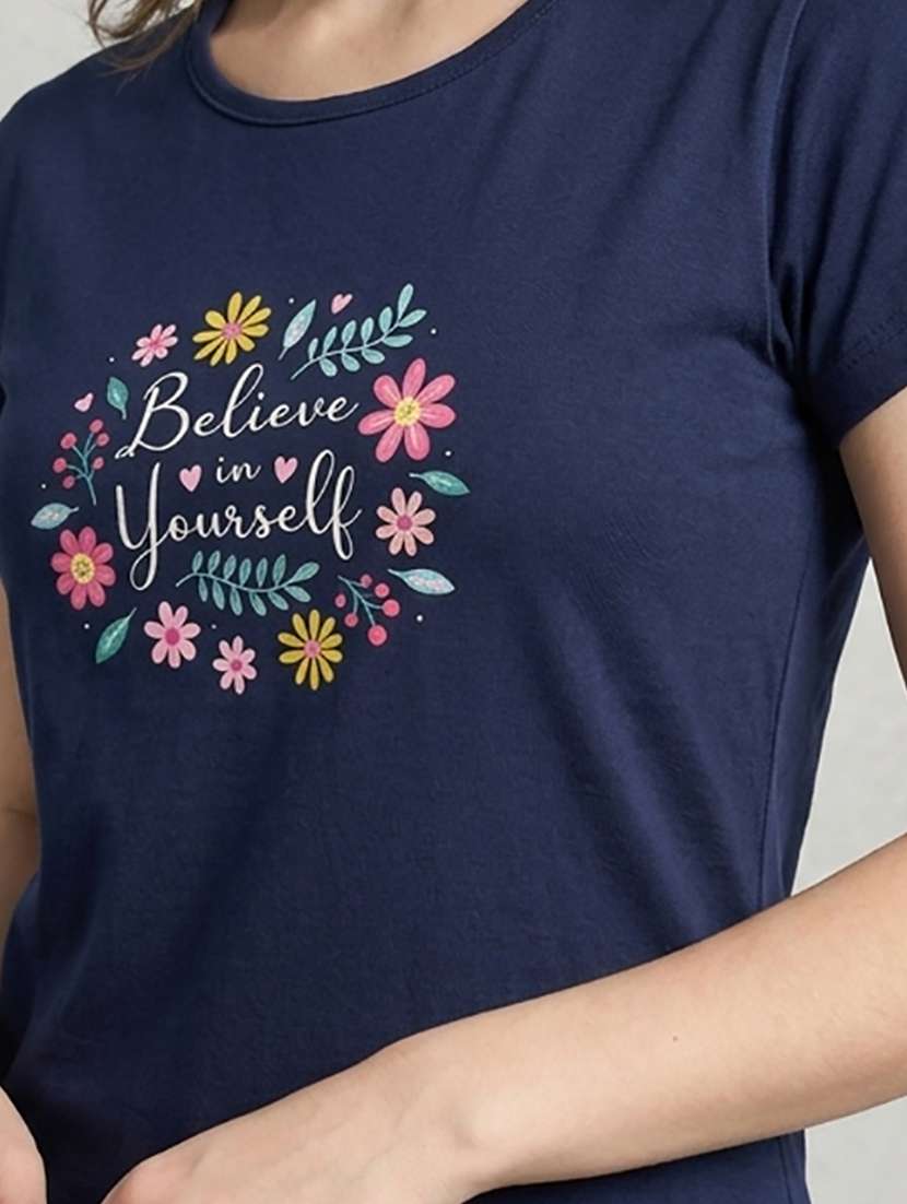 women printed navy blue cotton blend regular t-shirt - 22471529 -  Standard Image - 1