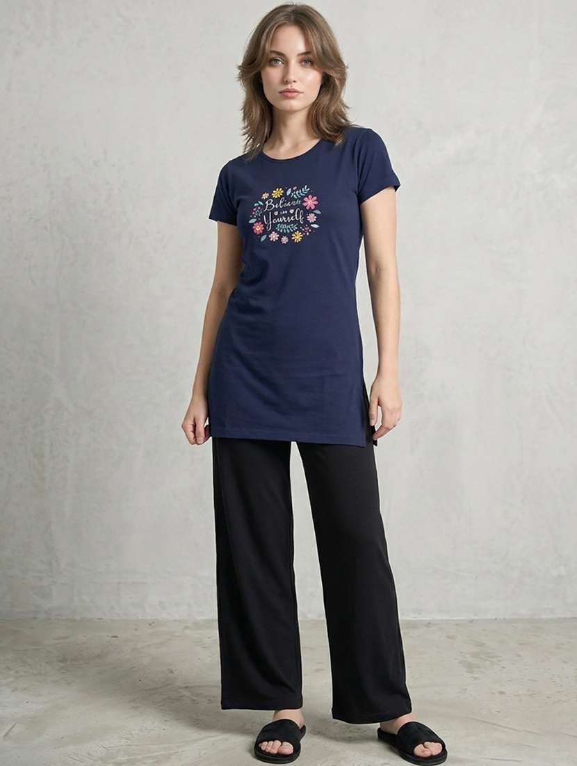 women printed navy blue cotton blend regular t-shirt - 22471529 -  Standard Image - 4