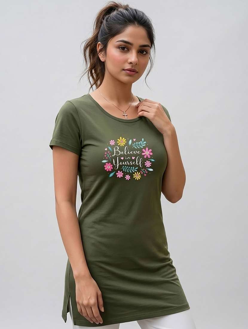 women printed olive cotton blend regular t-shirt