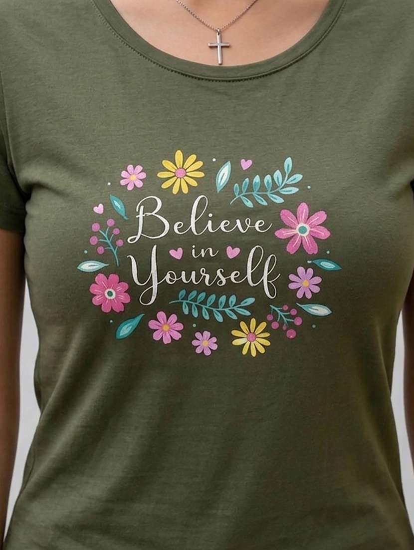 women printed olive cotton blend regular t-shirt - 22471530 -  Standard Image - 1