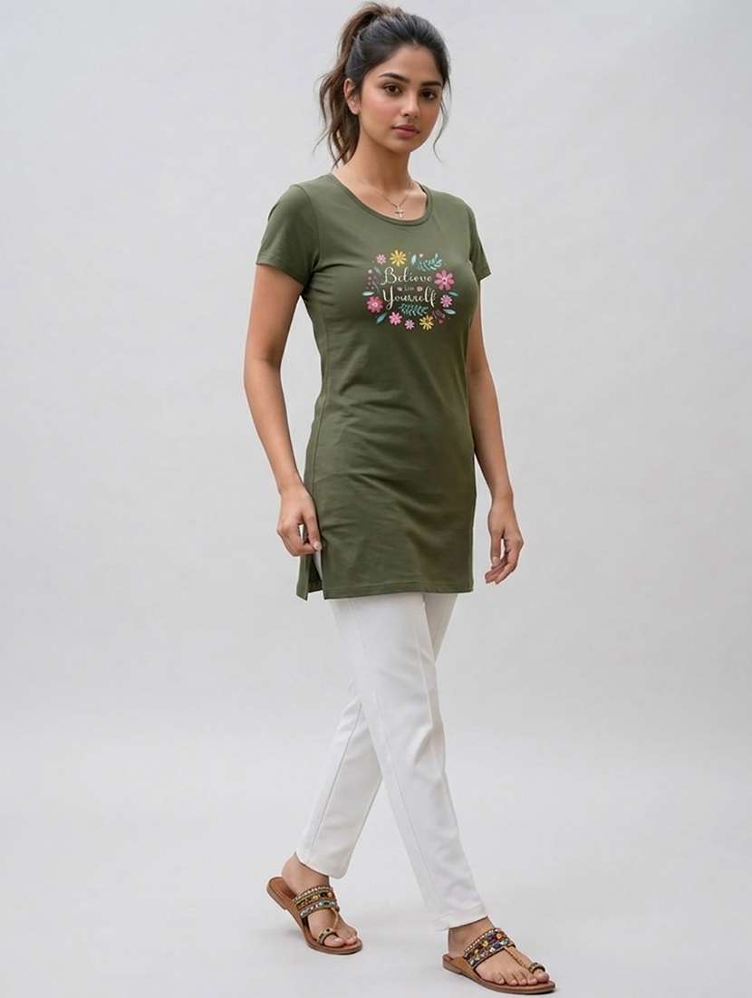 women printed olive cotton blend regular t-shirt - 22471530 -  Standard Image - 4