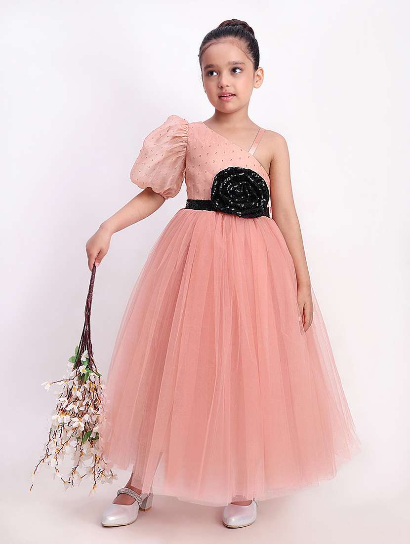 girl peach satin party gown