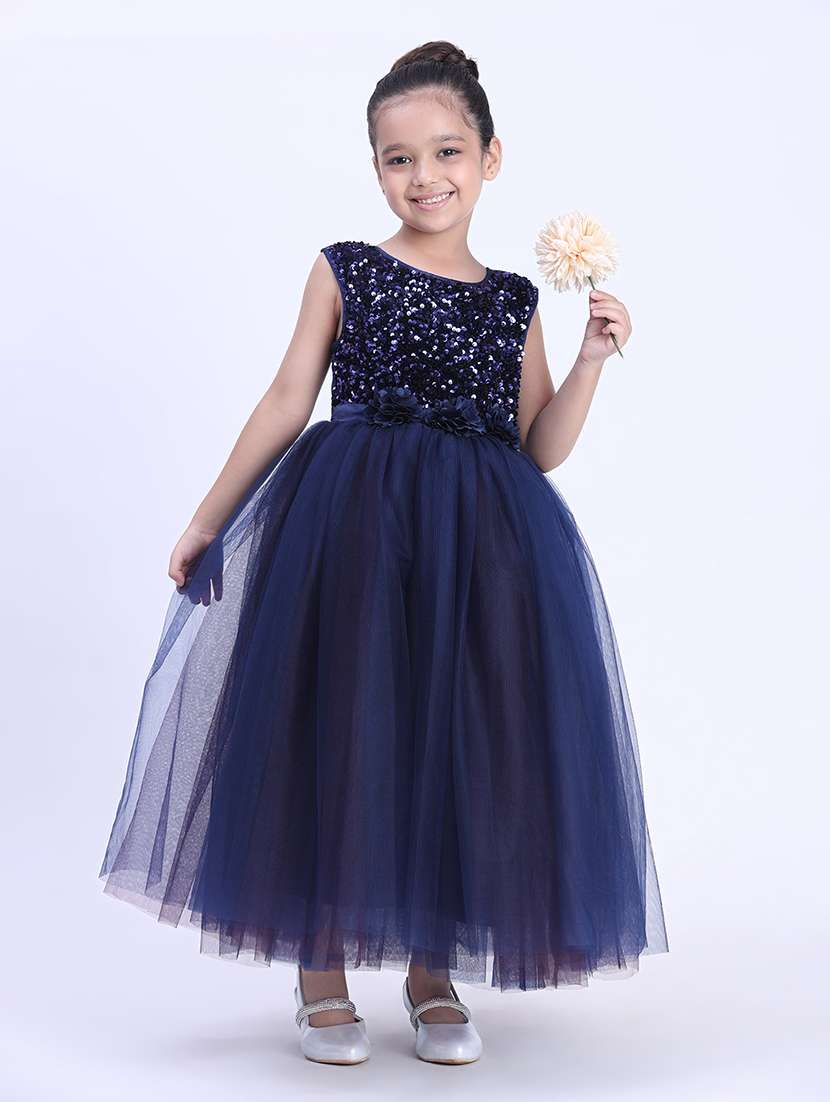 girls solid navy blue satin party gown
