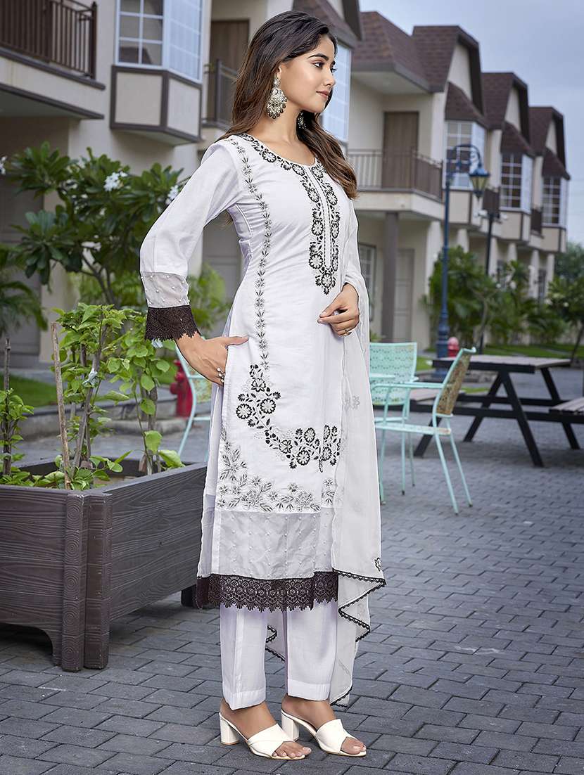 women  self design white suit set - 22471658 -  Standard Image - 4