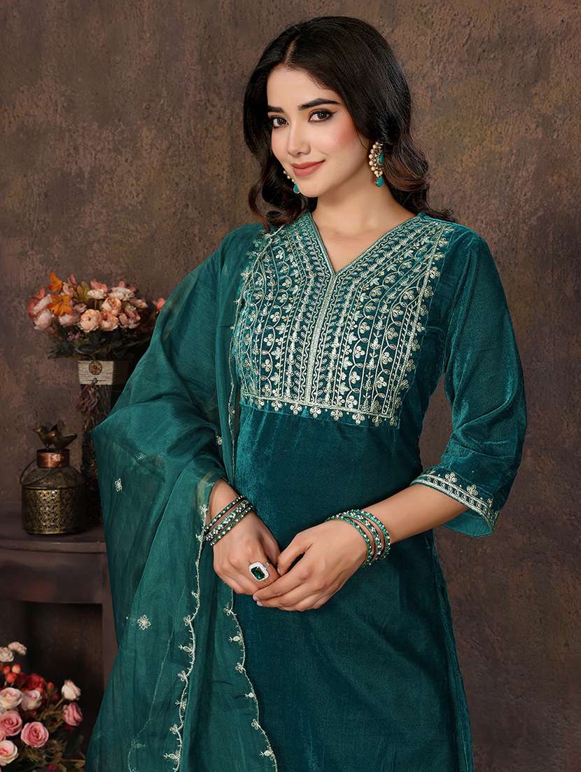 women self design teal suit set - 22471702 -  Standard Image - 1