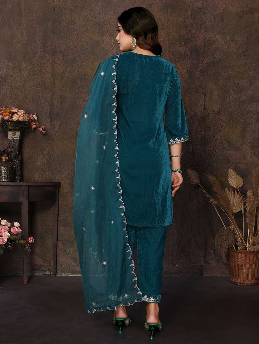 women self design teal suit set - 22471702 -  Standard Image - 4