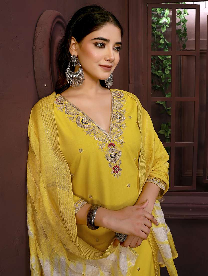 women self design yellow suit set - 22471712 -  Standard Image - 1