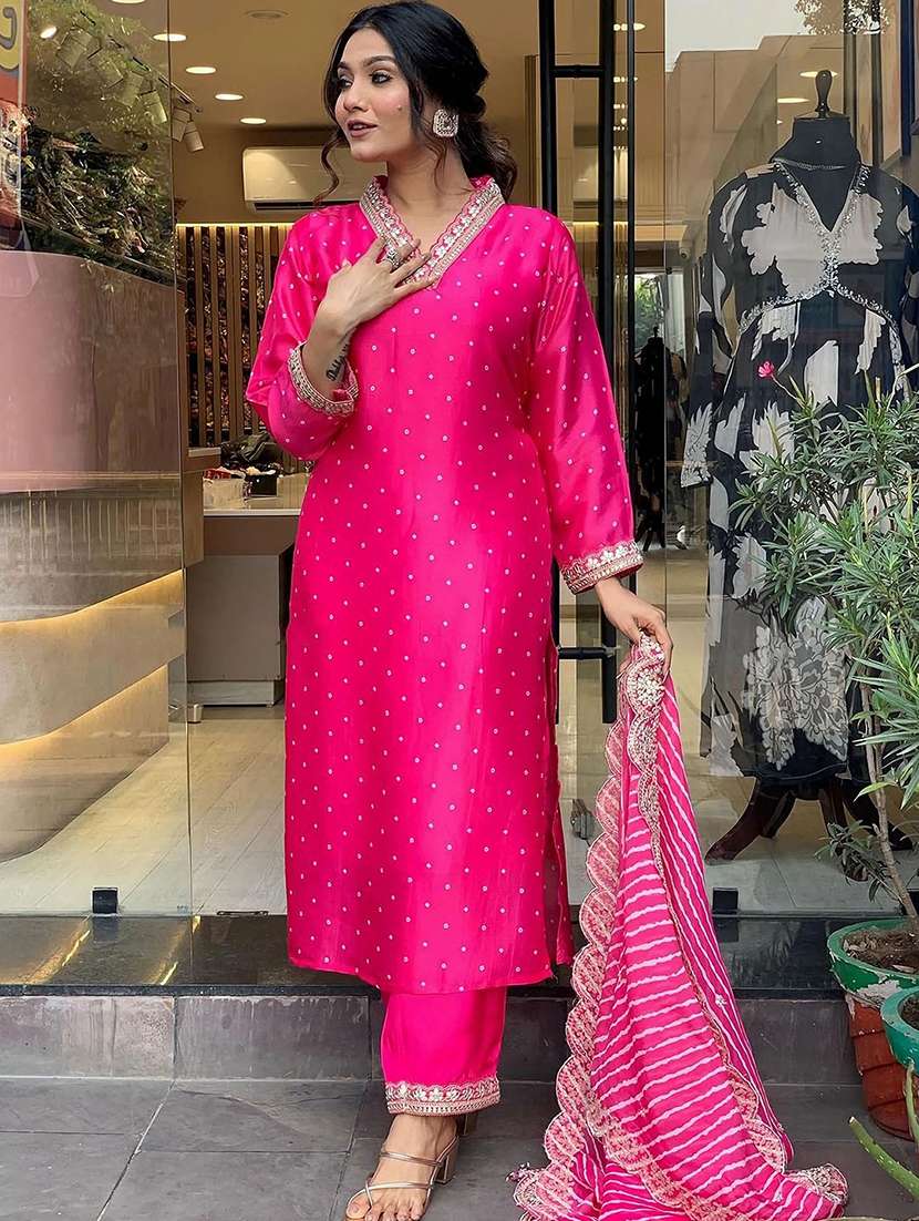 women self design pink suit set - 22471713 -  Standard Image - 1
