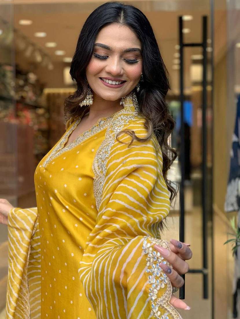 women self design yellow suit set - 22471714 -  Standard Image - 1