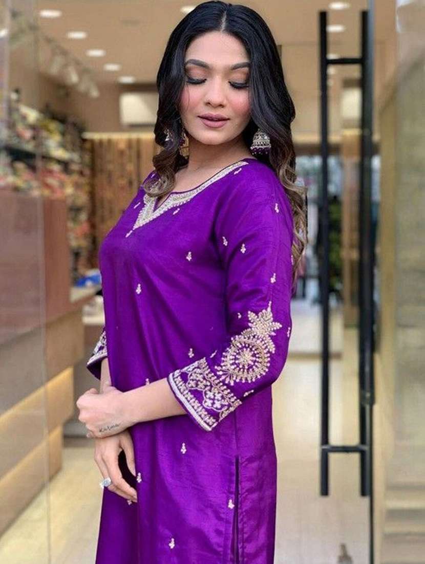 women self design purple suit set - 22471716 -  Standard Image - 1
