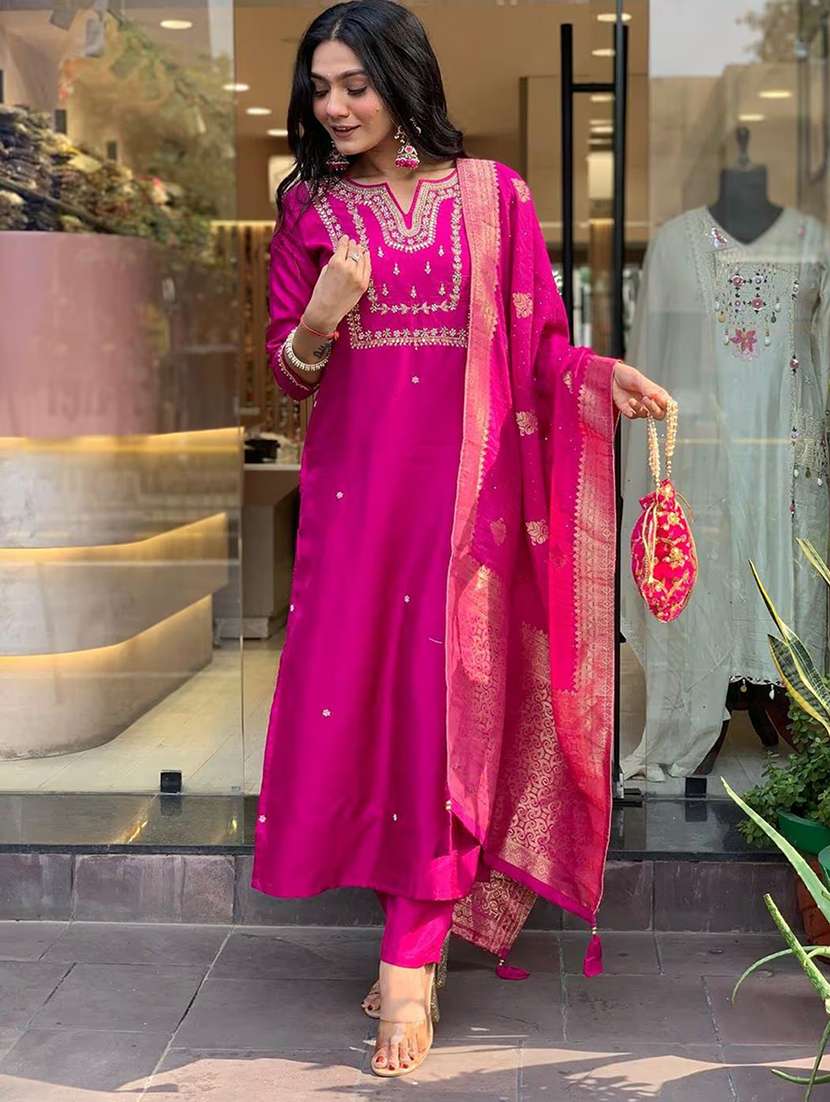 women self design pink suit set - 22471719 -  Standard Image - 1
