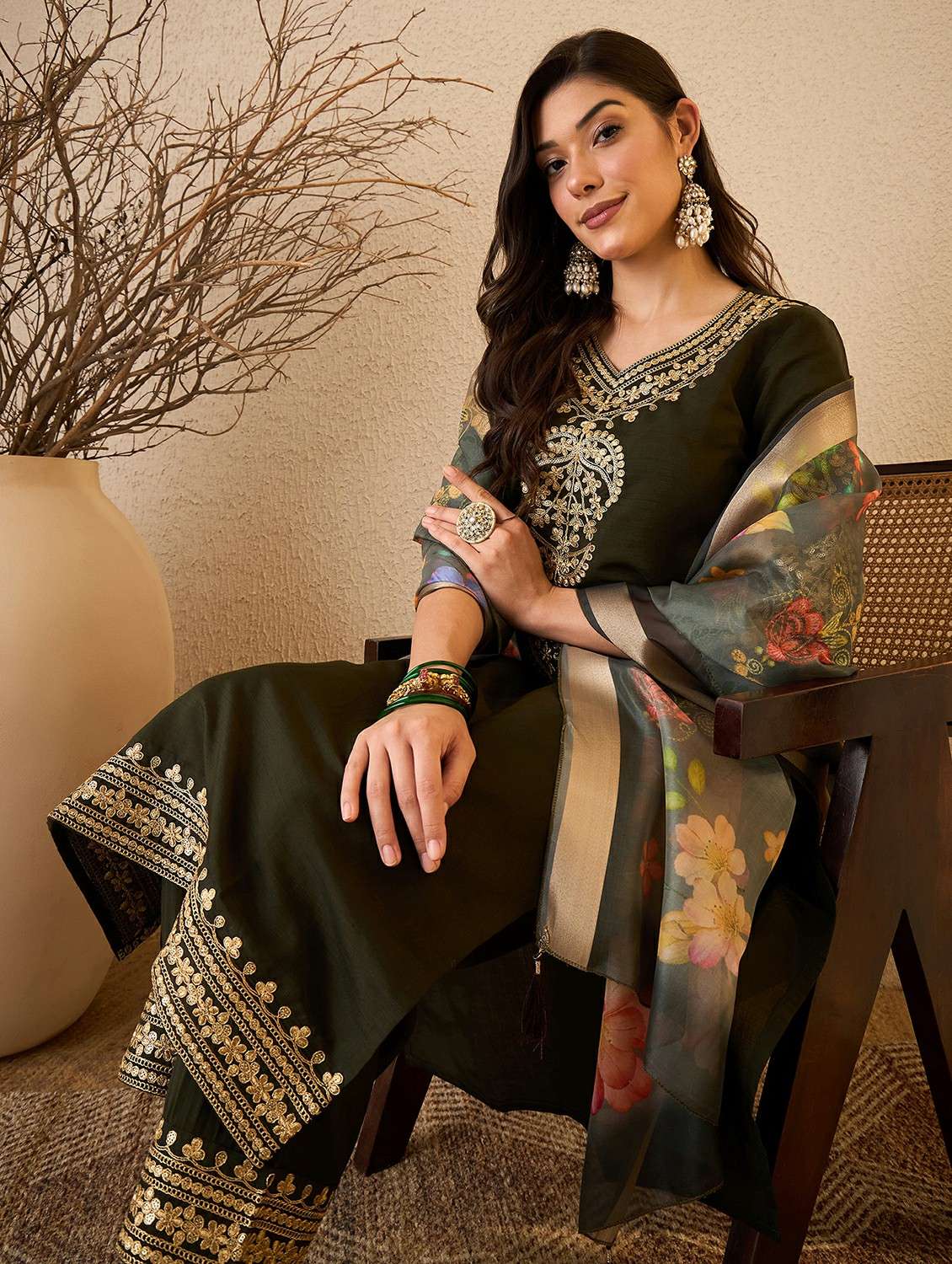 women self design green suit set - 22471736 -  Standard Image - 1