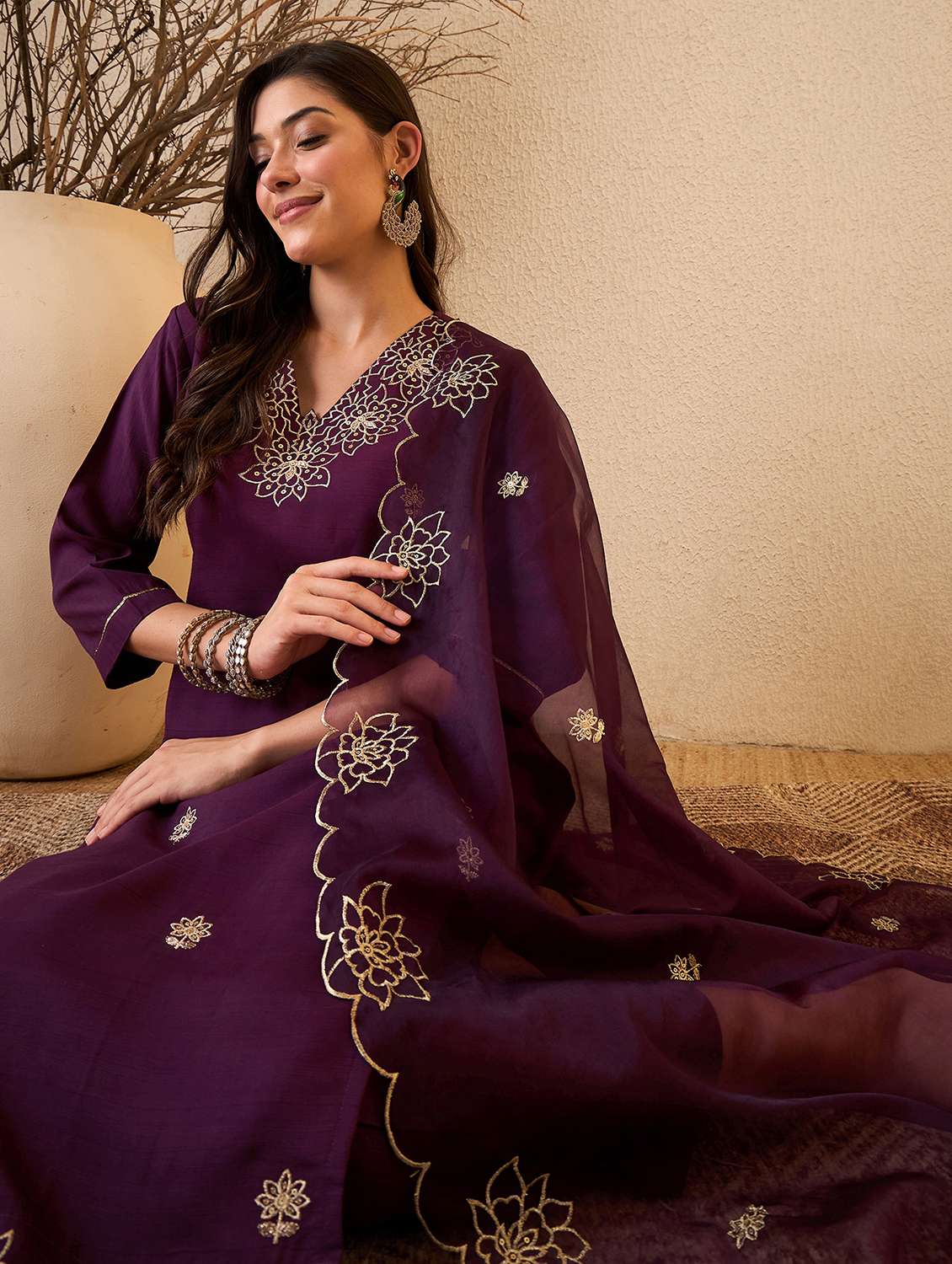 women embroidered three quarter sleeves kurta pant set with dupatta - 22471748 -  Standard Image - 1