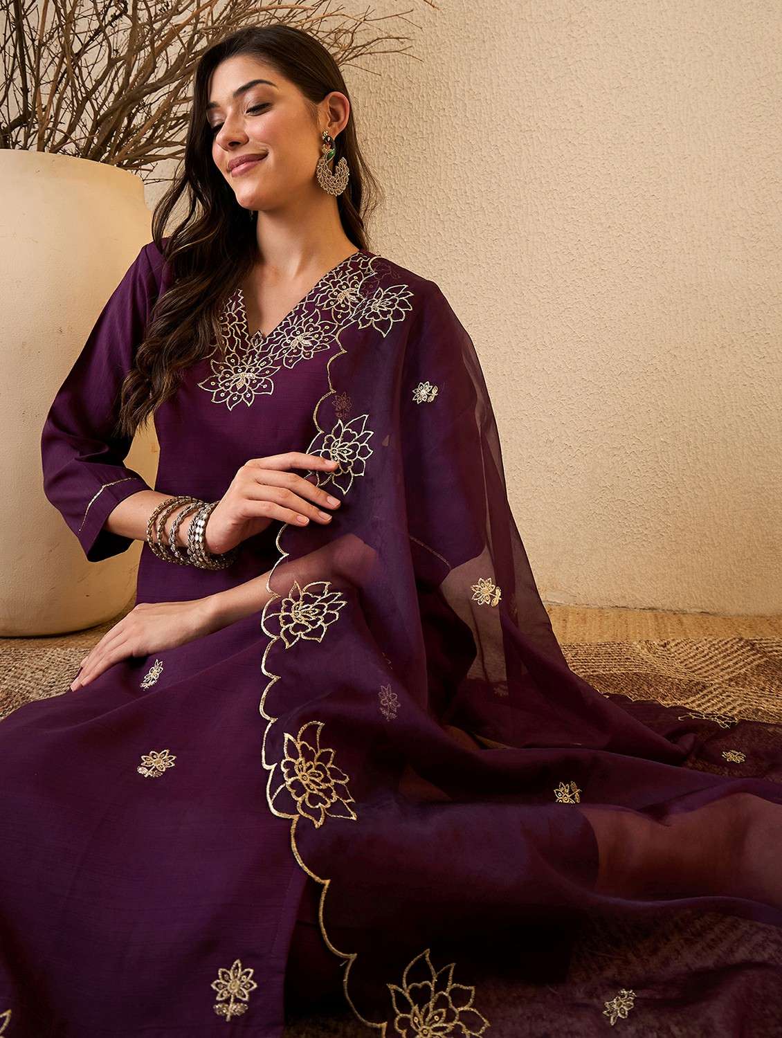 women self design purple suit set - 22471750 -  Standard Image - 1