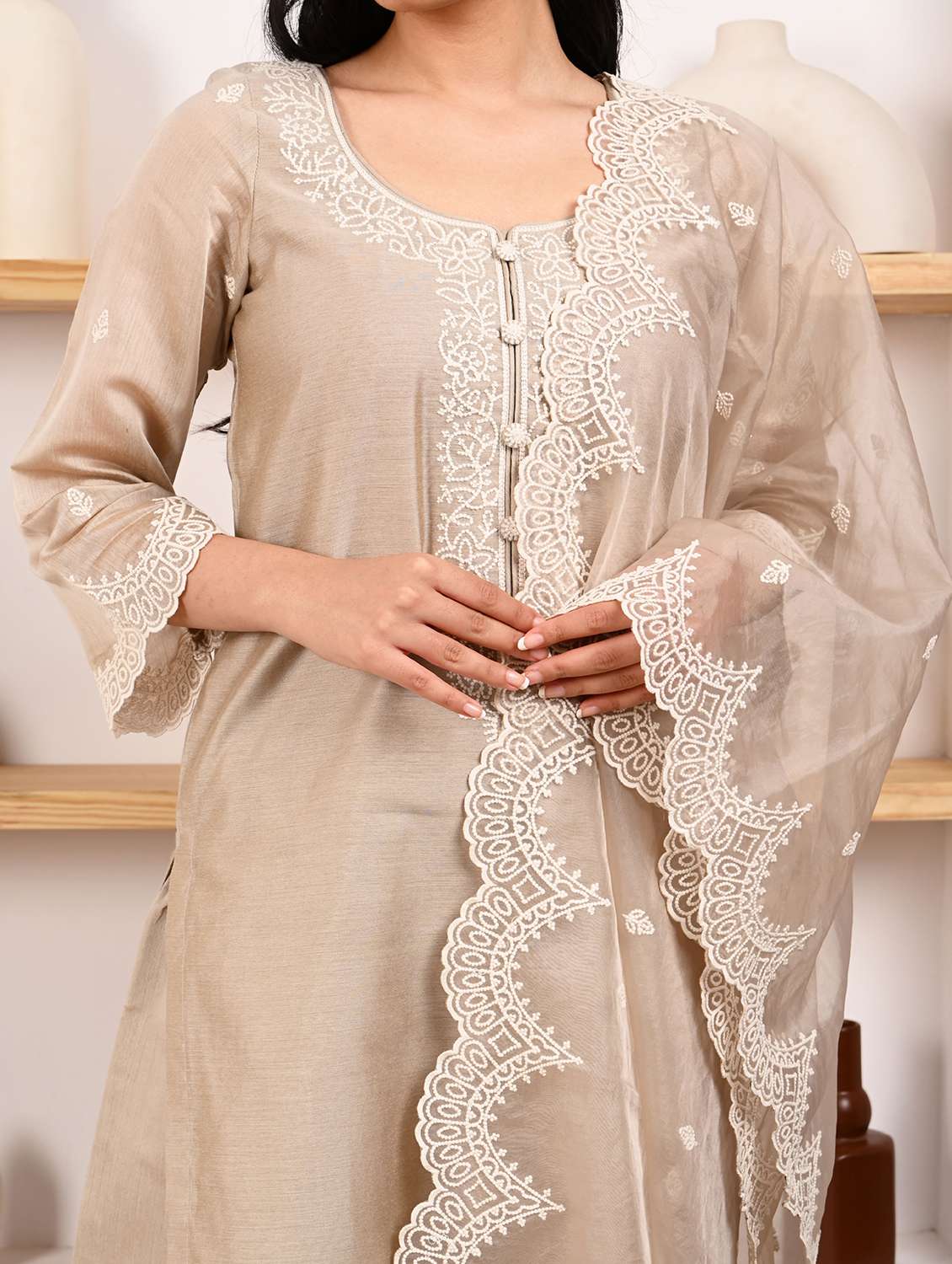women embroidered three quarter sleeves kurta pant set with dupatta - 22471762 -  Standard Image - 4
