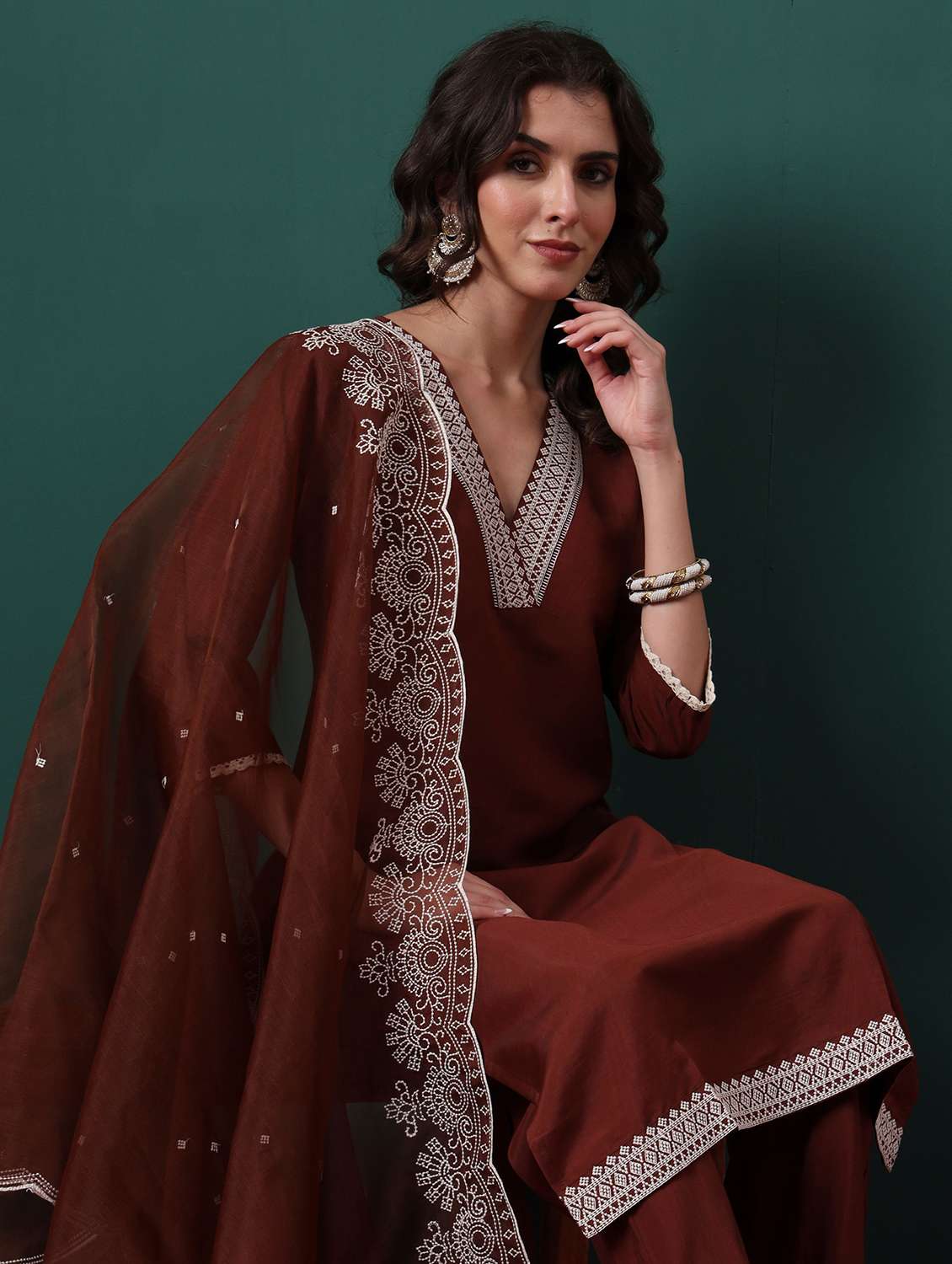 women self design coffee brown suit set - 22471764 -  Standard Image - 1