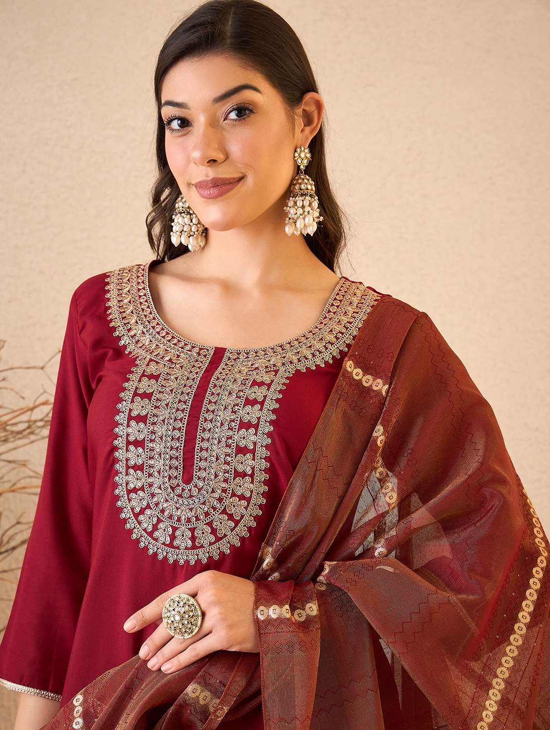 women embroidered three quarter sleeves kurta pant set with dupatta - 22471779 -  Standard Image - 1