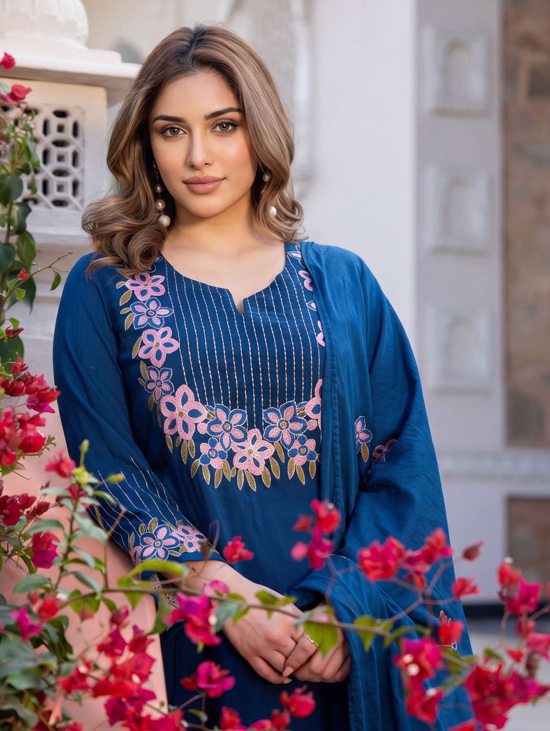 women embroidered three quarter sleeves kurta pant set with dupatta - 22471788 -  Standard Image - 1