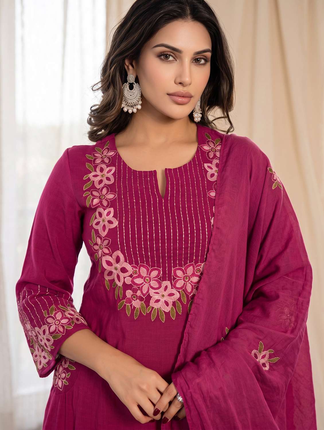 women embroidered three quarter sleeves kurta pant set with dupatta - 22471789 -  Standard Image - 1