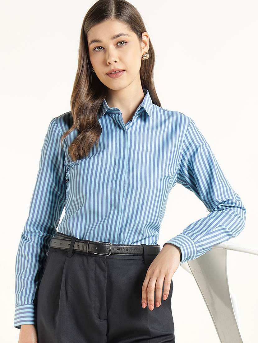 women striped long sleeve collared shirt
