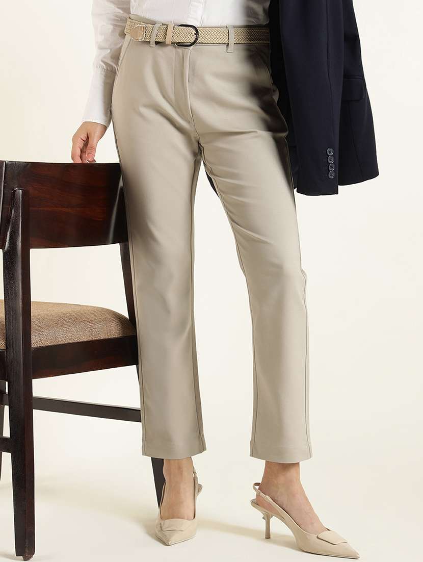women beige solid cigarette fit formal trouser