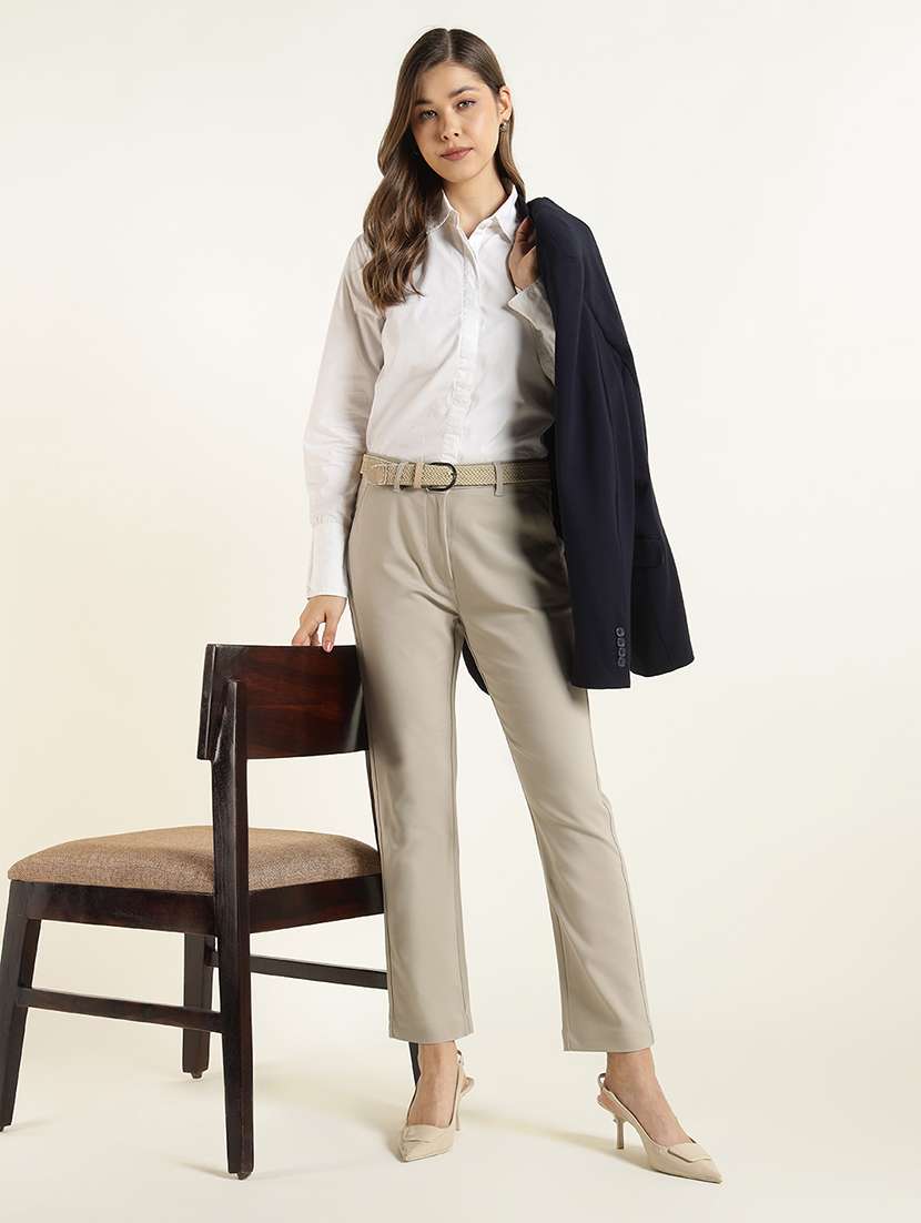 women beige solid cigarette fit formal trouser - 22471835 -  Standard Image - 4