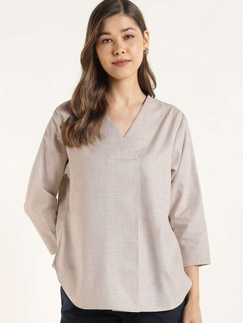 women beige cotton regular fit v-neck top