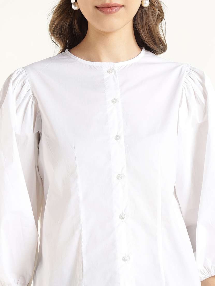 women cotton regular fit white puff sleeve shirt - 22471841 -  Standard Image - 1